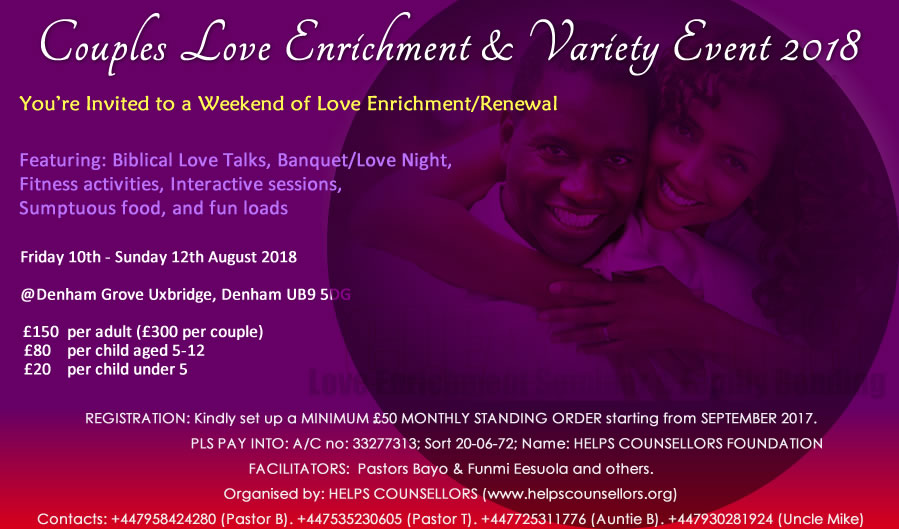 HELPS Counsellors Couples Love Enrichment and Variety Event 2018 invitation