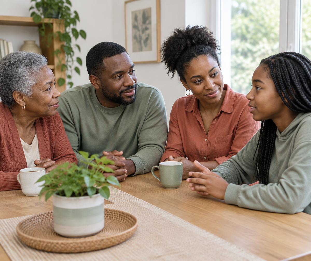 AI-created illustration of a multigenerational family sharing a conversation at home